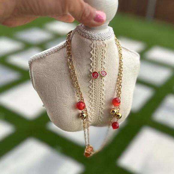 Tory Burch Rosary Station Red Enamel Necklace and Earrings - Picture 3 of 5